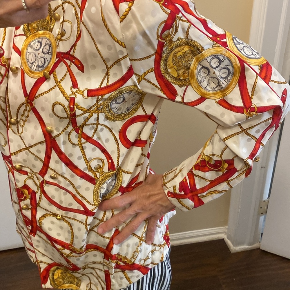 Francesca of Damon Vintage 80s Swiss Dots Equestrian Silk Print top - Picture 4 of 12